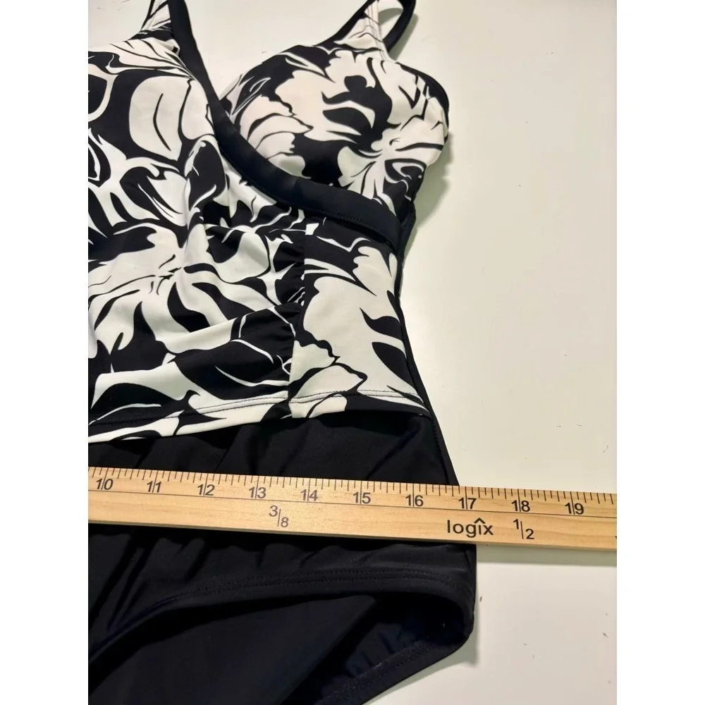 Jantzen One Piece Swimsuit 14 Black White Floral Surplice‎ Wrap Resort Vacation
